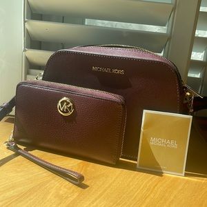 Michael kors maroon cross body bag with matching wallet